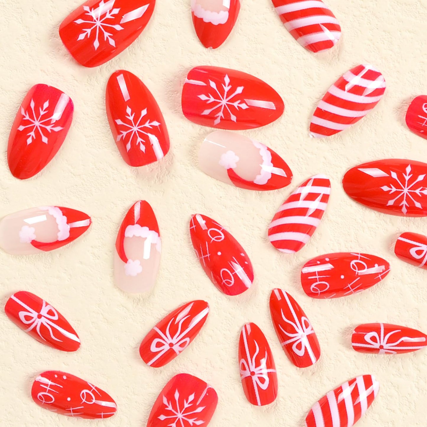 Christmas Red Nails Press on Nails Short Almond Fake Nails with Designs Snowflake Santa's Hat Ribbon Bow Full Cover Acrylic Oval False Nails Winter Glue on Nails for Women and Girls 24Pcs