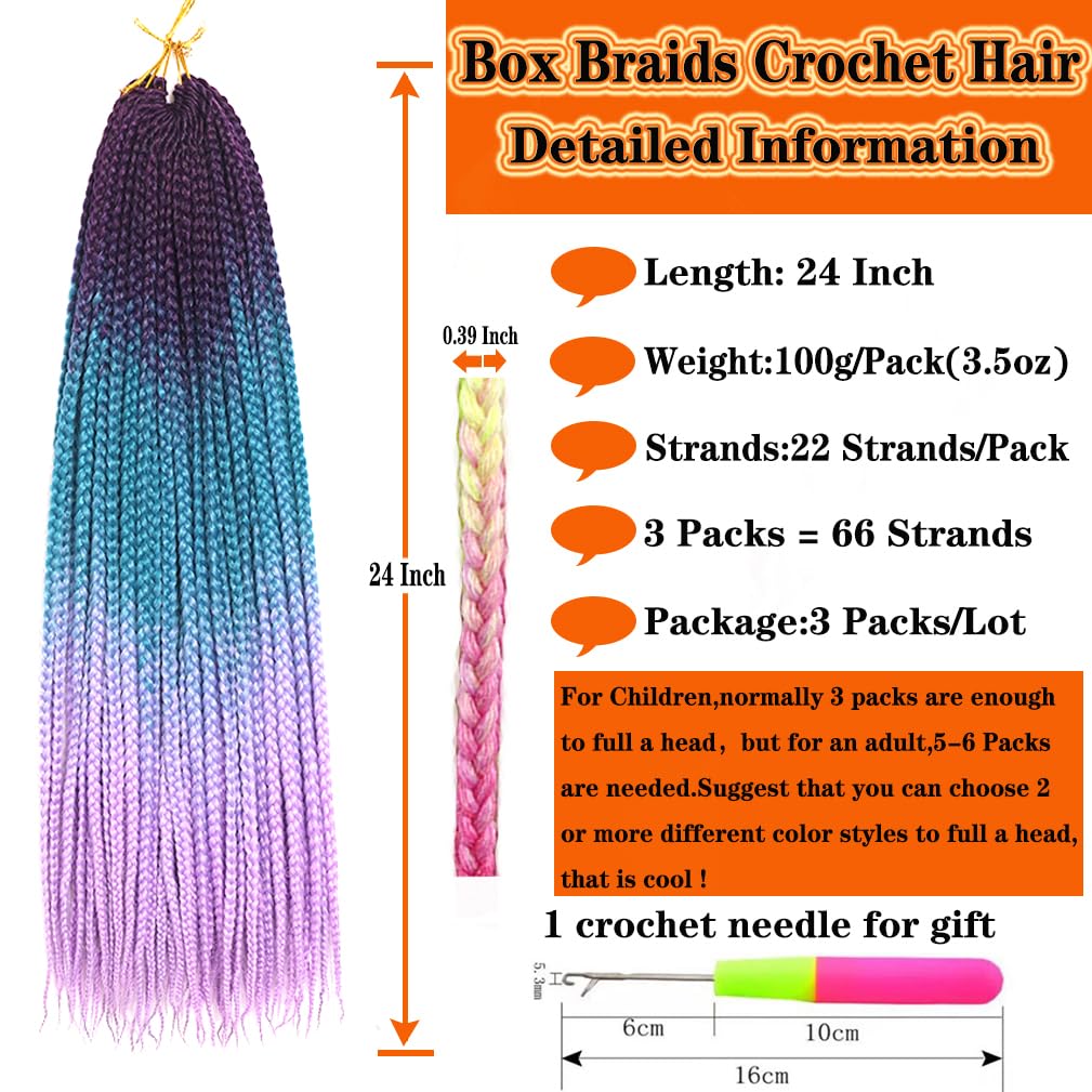 Box Braids Crochet Hair 24 Inch Prelooped Crochet Hair Extensions Hand Made 3 Packs Twist Crothet Braids Hair for Women Braiding Hair Extensions 22 Strands/Pack (Purple-Lake Blue-Light Purple)