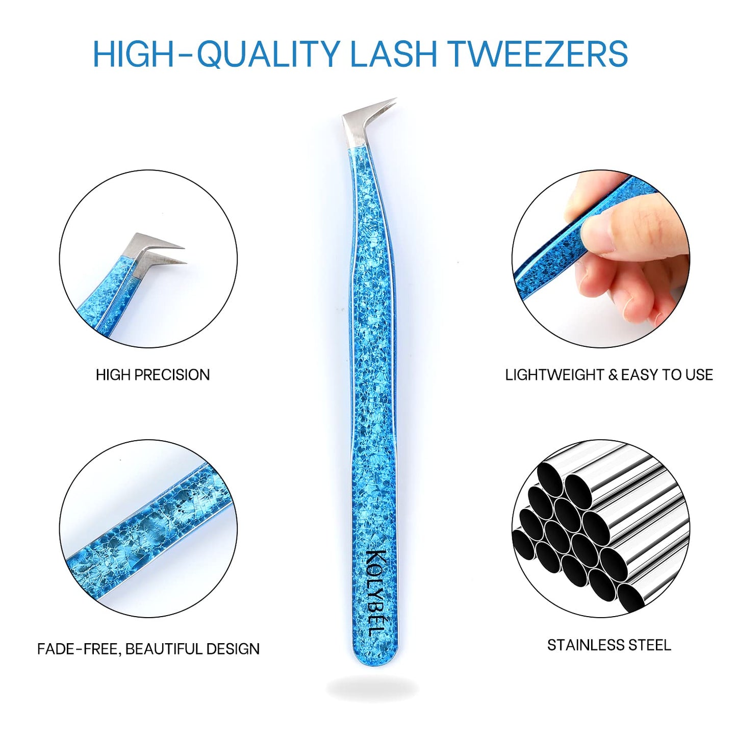 Kolybel Eyelash Extension Tweezers Professional Stainless Steel Lash Tweezers for Mega Volume and Mink Eyelashes Extensions Applying（Blue-K02)