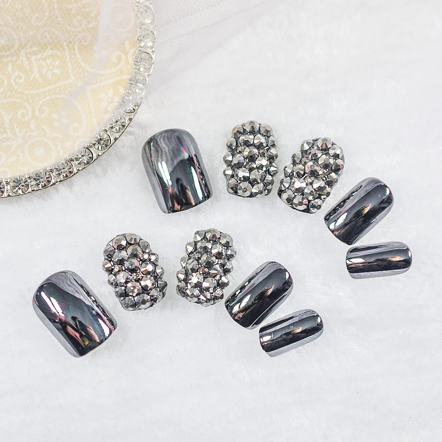 ELEVENAIL 3D Rhinestones Press On Nails Punk Dark Smoky Gray Reflective Mirror Metallic Stick On Fake Nails Salon DIY Acrylic Manicure Reusable Short Square False Acrylic Nail Art Tips