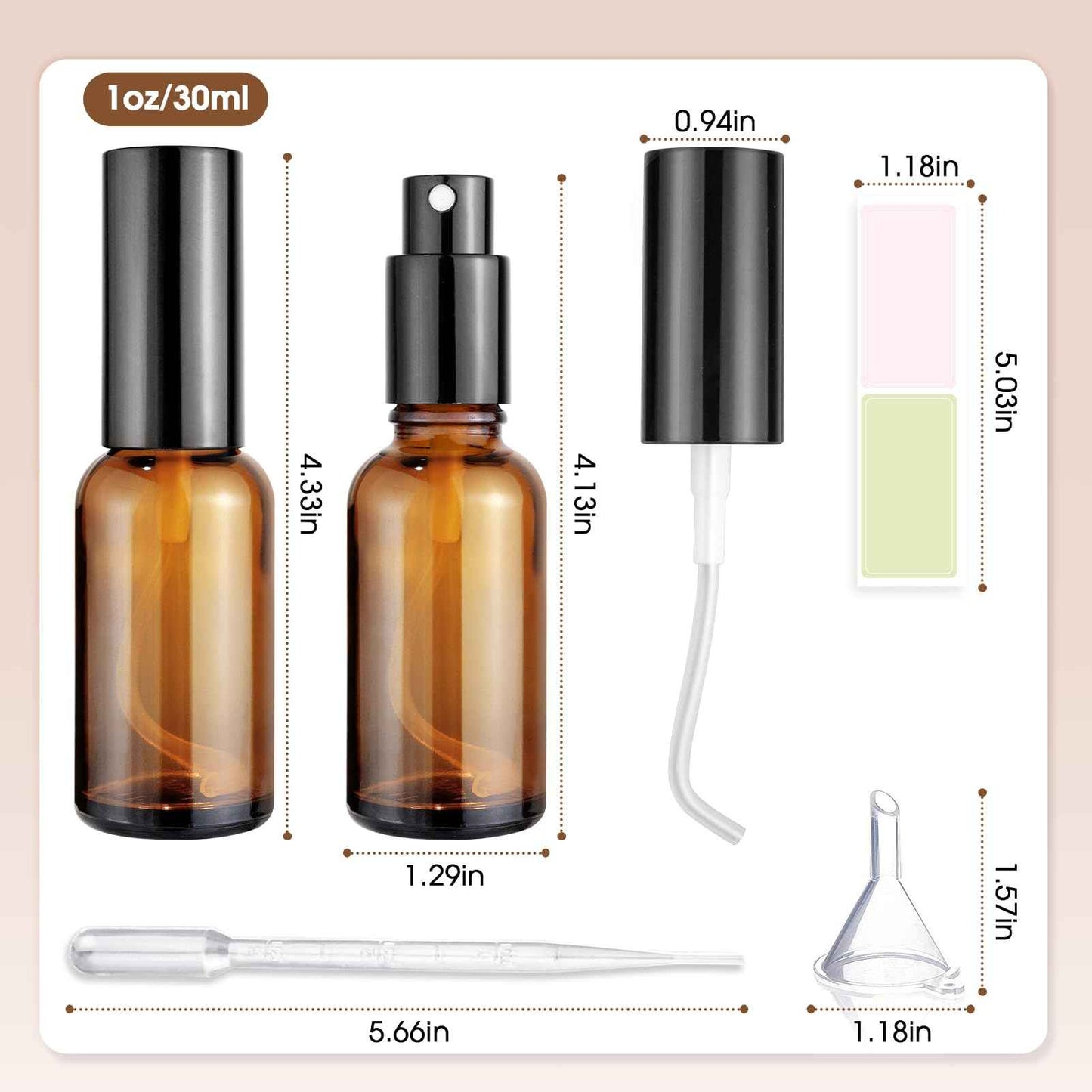 4-Pack 1oz/30ml Amber Glass Spray Bottles for Fine Mist | with 2 Extra Nozzles, Refillable Essential Oil, Toner, Hair Care & Cleaning Solutions Bottles Set | Leak-Proof, UV Protection