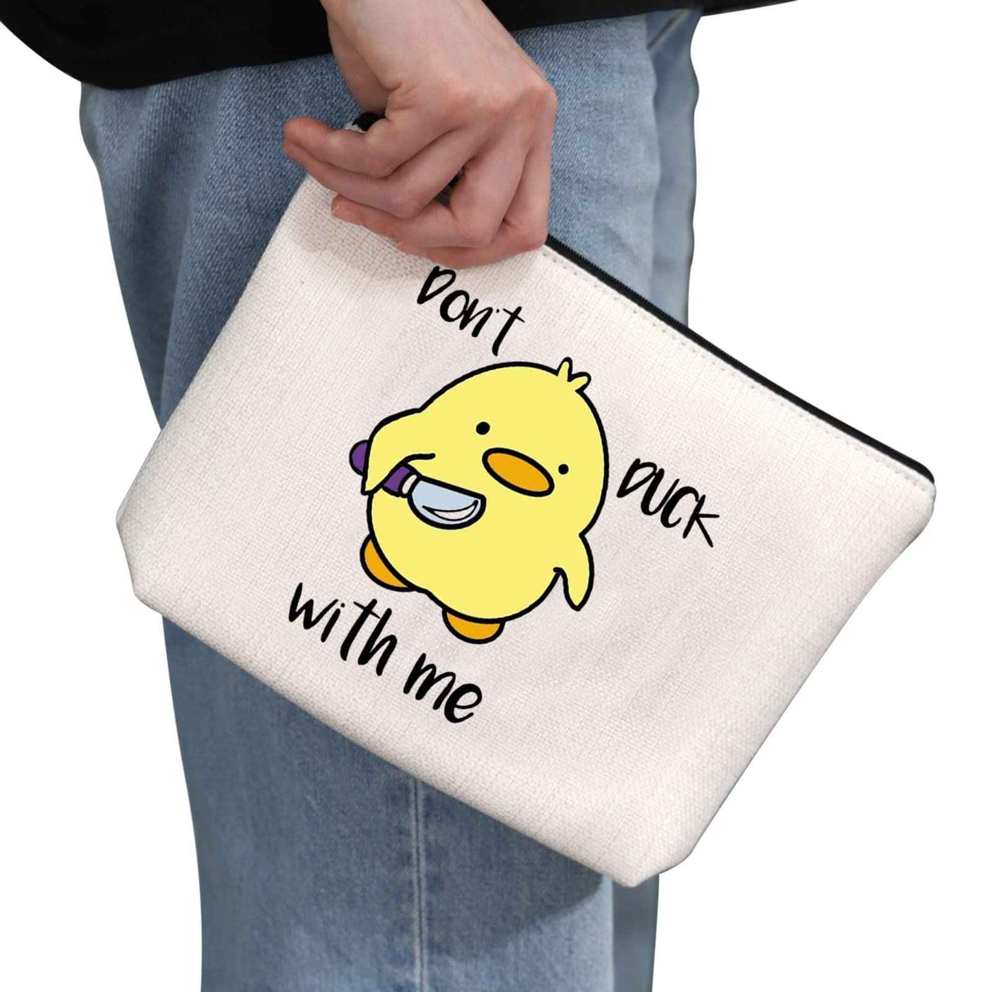 G2TUP Duck Lover Gift Don't Duck With Me Yellow Duck Makeup Bag Duck Owner Cosmetic Bag Ducks Mom Gift Animal Lover Gift Travel Bag with Zipper (Duck With Me White Bag)