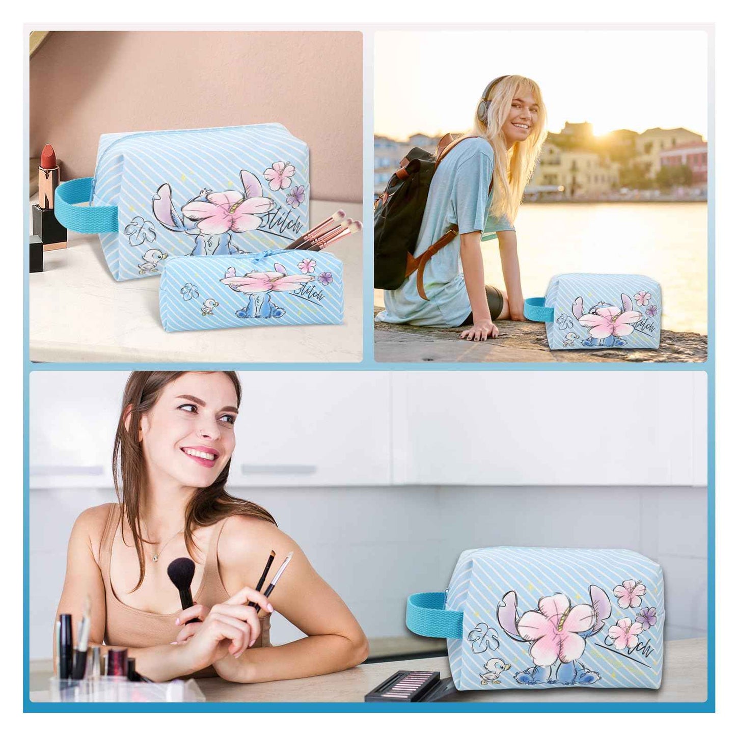 MOBRWUVS Travel Cosmetic Bag, Large Capacity Cartoon Cosmetic Pouch Makeup Bag with Zipper, Travel Toiletry Bag Makeup Accessories Organizer, The Best Gift for Women (Blue)