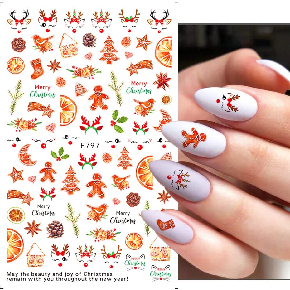 8 Sheets Christmas Nail Stickers, 3D Self-Adhesive Holiday Stickers, Santa Claus Snowflake Snowman Bird Bell Christmas Tree Elk Nail Decals, Red Gold Christmas Stickers, Xmas Winter Stickers for Kids