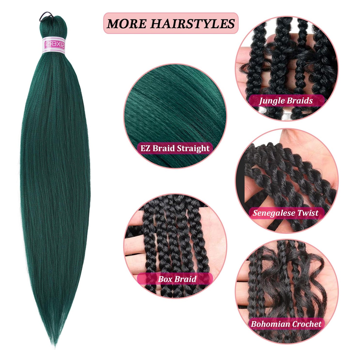 SIXERSI Dark Green Braiding Hair Pre Stretched 26 Inch Colored Emerald Braiding Hair Extensions for Braids Kanekalo Prestretched Braiding Hair Kids Knotless Hypoallergenic Synthetic Braiding Hair