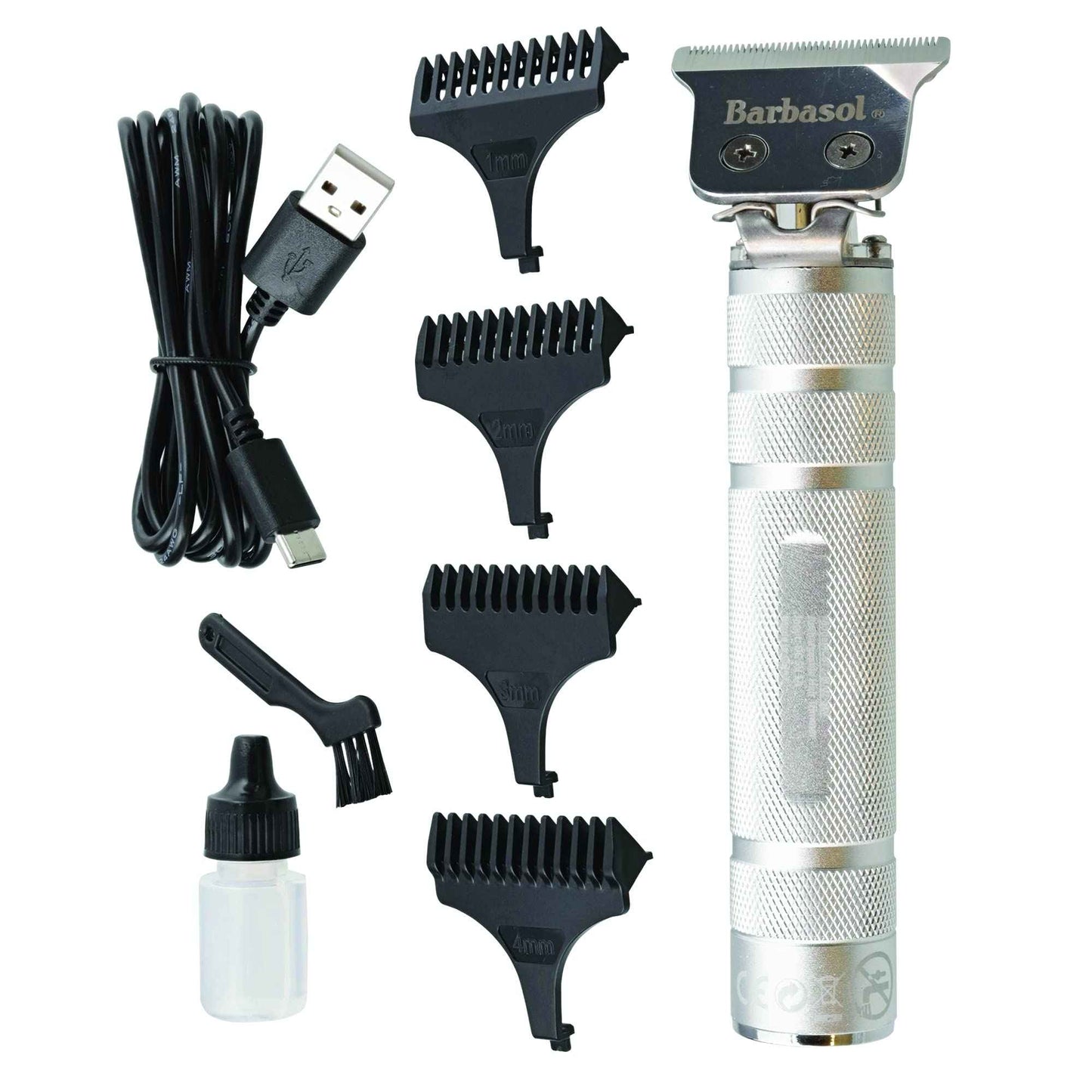 Barbasol Stainless-Steel Rechargeable Zero-Gapped T-Blade Trimmer, Hanging Blade, 3 Guide Combs