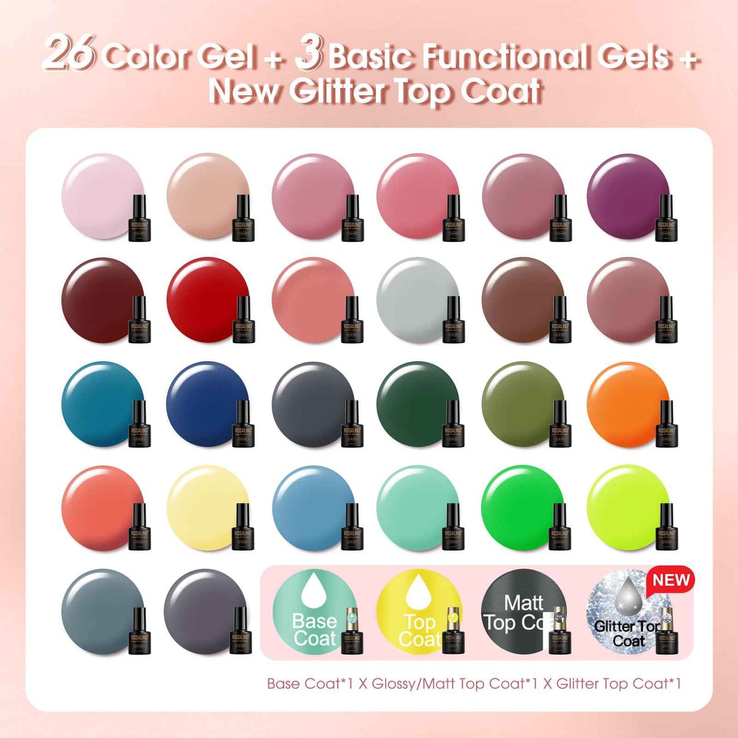 ROSALIND 30PCS Gel Nail Polish Set with Base Glossy Matte and Glitter Top Coat Gel Polish, Green Pink Fall Winter Gel Nail Set Soak Off Gel Polish Set