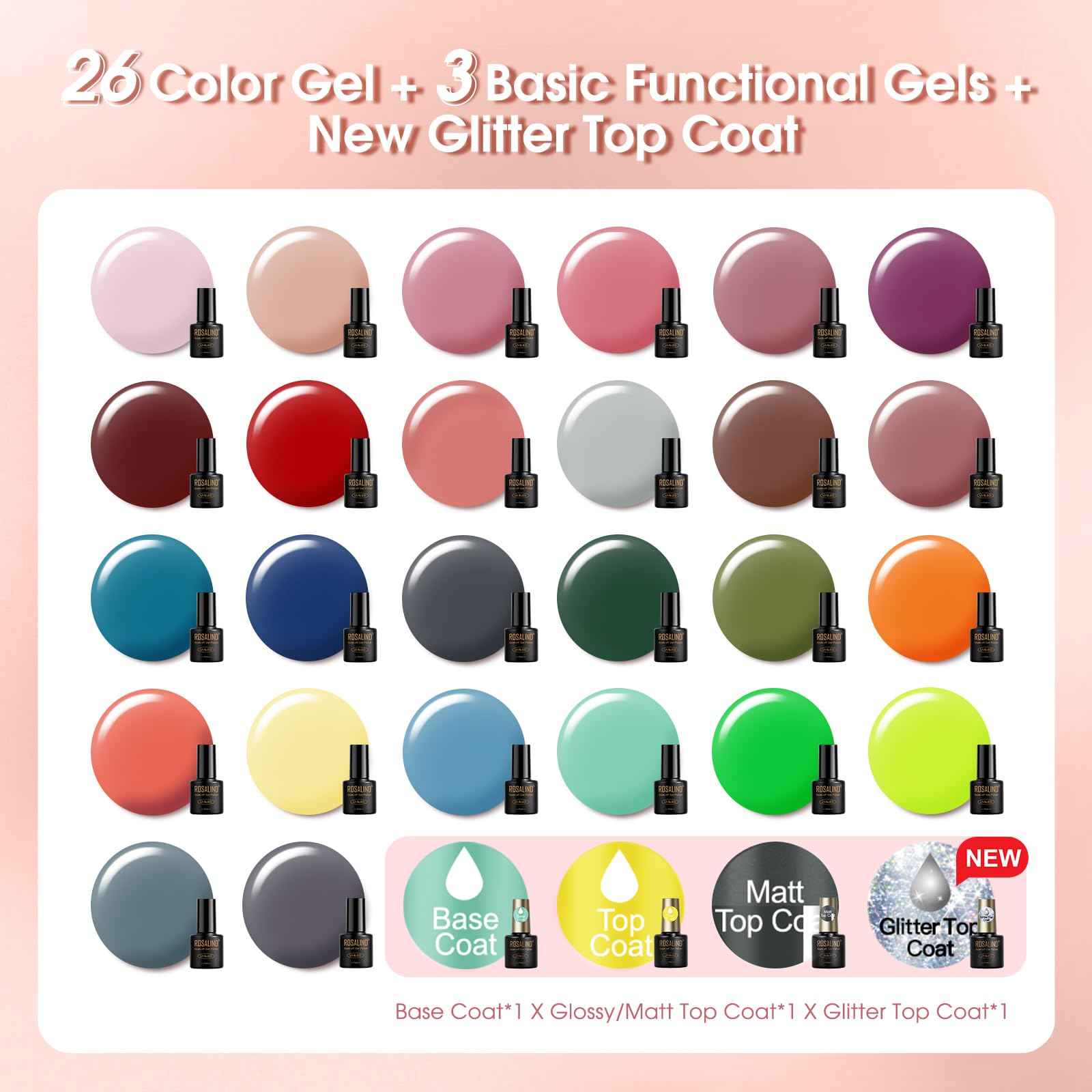 ROSALIND 30PCS Gel Nail Polish Set with Base Glossy Matte and Glitter Top Coat Gel Polish, Green Pink Fall Winter Gel Nail Set Soak Off Gel Polish Set
