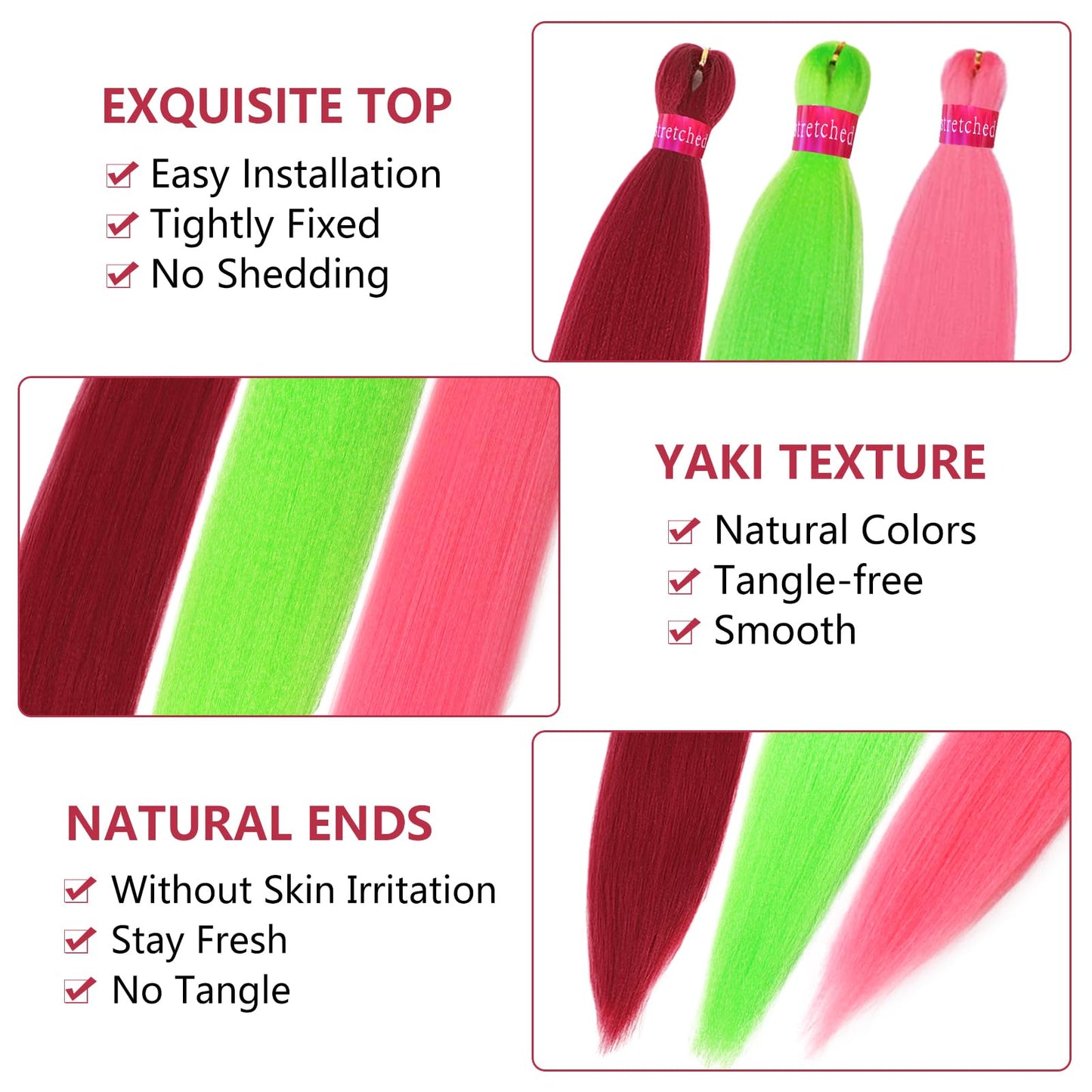 Yuzshuooxin Rose+Light Green+Pink Braiding Hair Pre Stretched 26 Inches Kanekalon Braiding Hair Extensions 3 Packs Synthetic Fiber Hair Braids