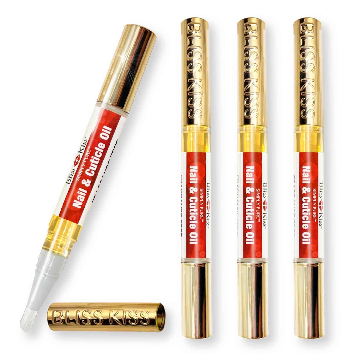 Bliss Kiss | Fragrance Free 4 Nail Oil Cuticle Pens w/Vitamin E & Jojoba⏤Nail Strengthener Nail Growth and Strengthening Serum for Brittle, Peeling, Breaking, Thin nails