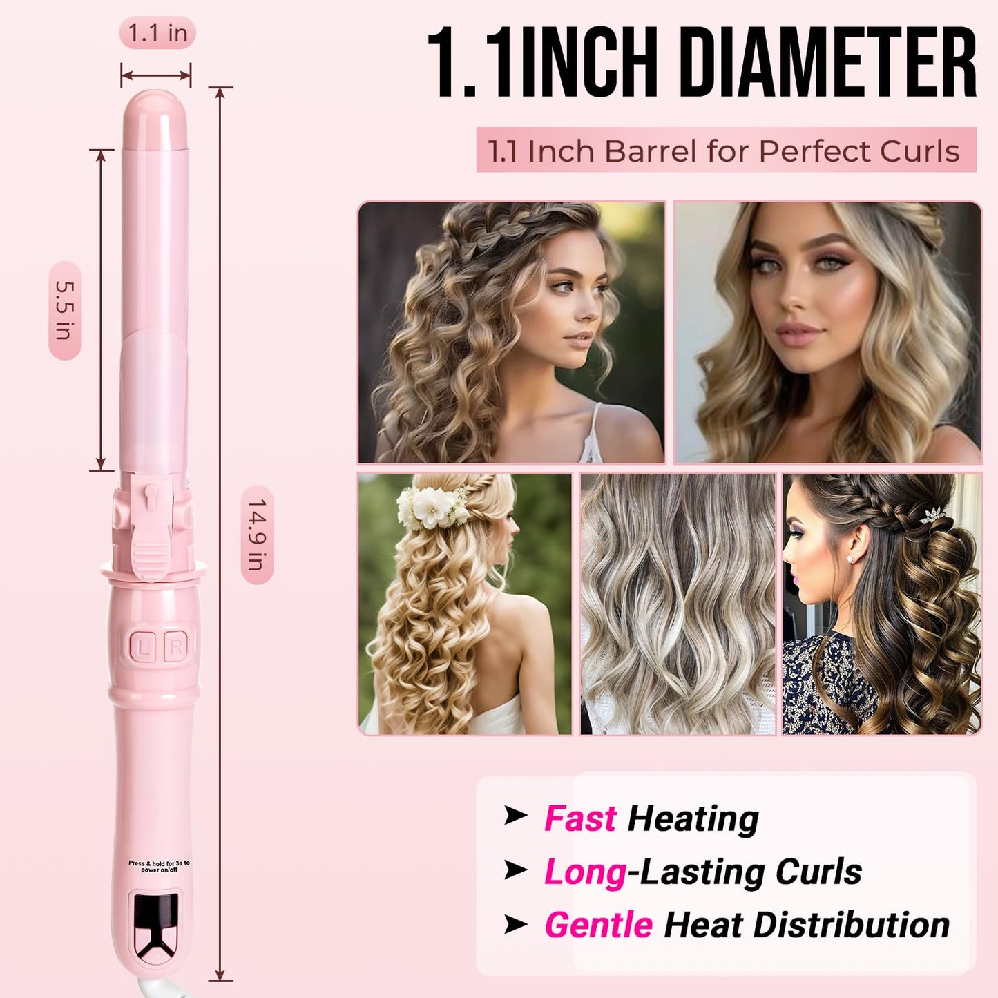 Rotating Curling Iron, 1.1 Inch Professional Hair Curler for Long-Lasting Curls & Beach Waves, Fast-Heating Curling Wand for Long & Short Hair, Perfect Hair Waver Styling Tool, Pink