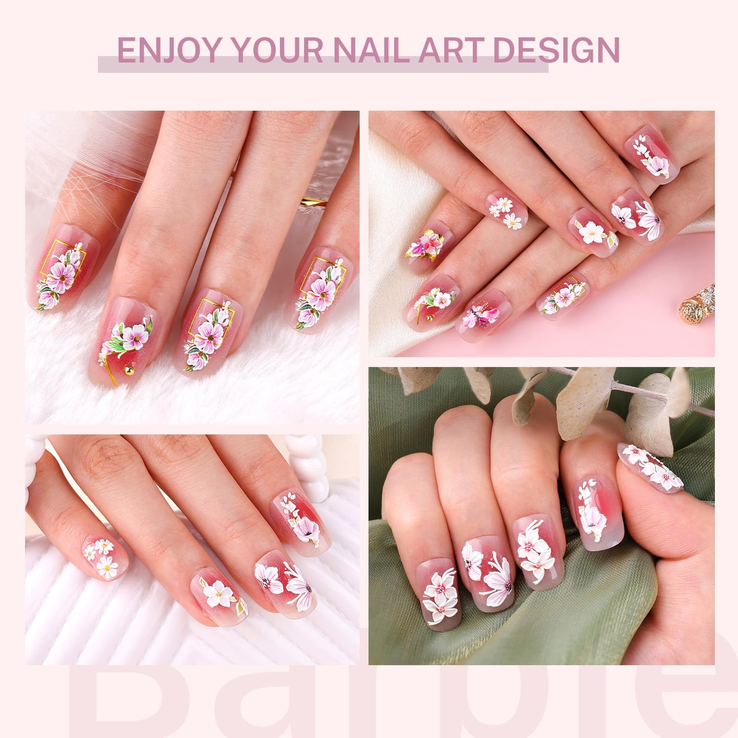 4 Sheets 5D Flower Nail Stickers for Nail Art, Embossed Nail Decals Self Adhesive Nail Art Stickers, Pink White Floral Leaf Cherry Blossom Nail Decorations Accessories for Women Girls Spring Summer