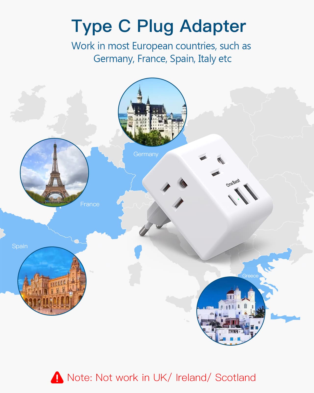 2 Pack European Travel Plug Adapter, International Power Plug Adapter with 3 Outlets 3 USB Charging Ports(1 USB C), Type C Plug Adapter Travel Essentials to Most Europe EU Spain Italy France Germany