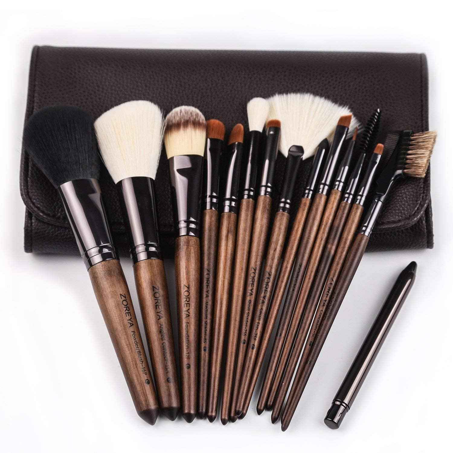 Makeup Brush Set, 15pcs Unique Walnut Makeup Brushes with Vegan Leather Bag, Professional No Shed Tan Makeup Brushes