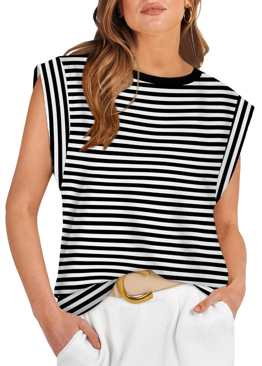 Summer Tops for Women 2024 Trendy Fashion Dressy Casual Crew Neck Cap Sleeve Cute Shirts Work Outfits Tank Tops Black and White Striped S