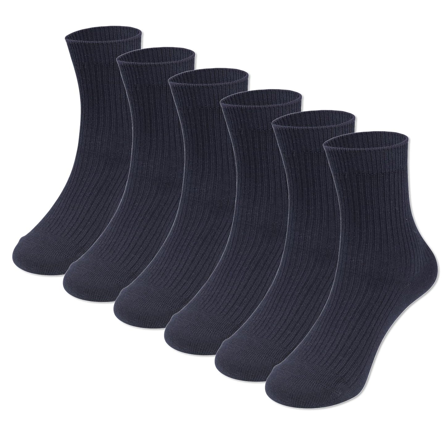 COTTON DAY Unisex Little Kids Youth Boys Girls Soft Cotton Crew School Dress Socks 6 Pack 4-6 Years Ribbed Navy Blue S (6)