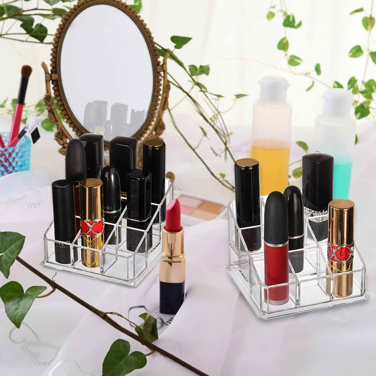 Foraineam 6 Pack Lipstick Holder Organizer, 9 Spaces Clear Lip Stick Storage Stand Container, Small Cosmetic Beauty Makeup Display Cases for Lipsticks, Lipgloss, Brushes, Bottles