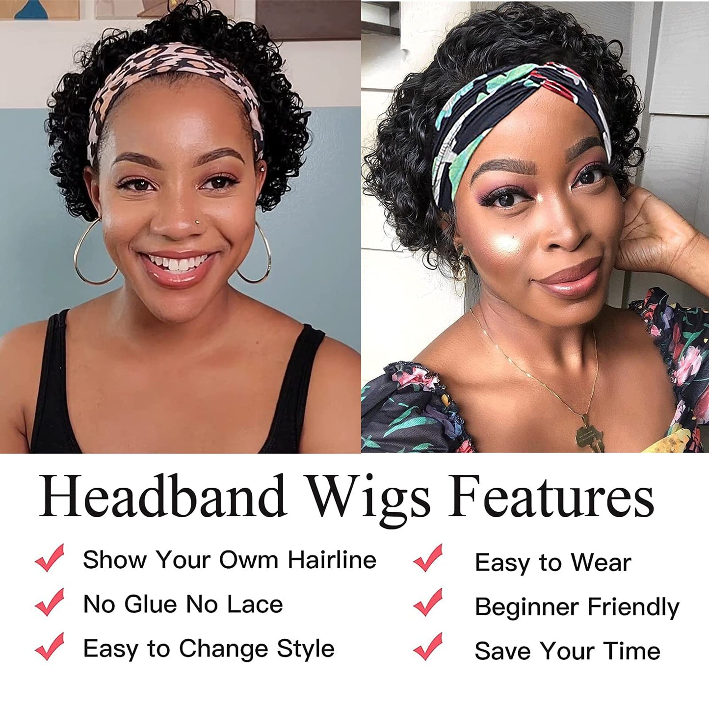 VRZ Short Curly Headband Wig Human Hair Wigs for Black Women Pixie Cut Kinky Curly Bob Glueless Half Wigs 150% Density Natural Black 1B# 8inch