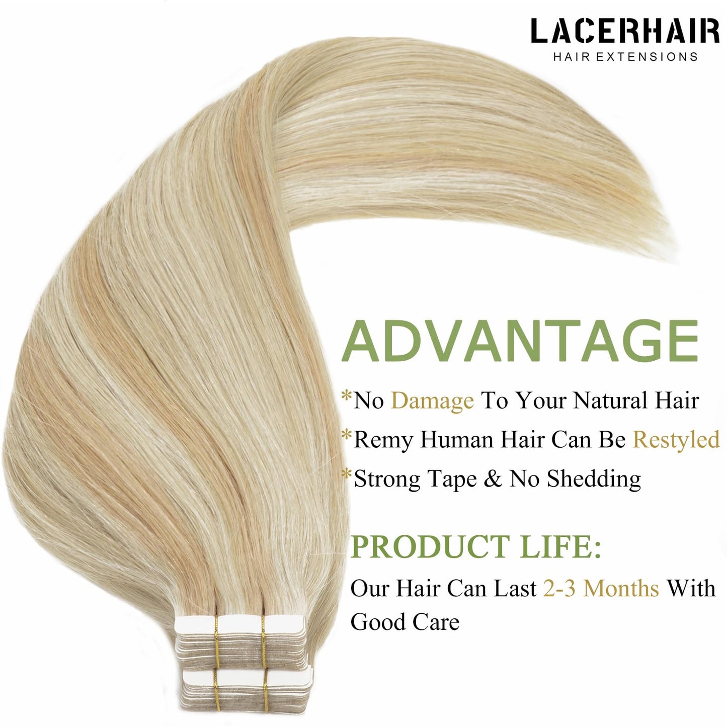 Lacerhair Tape in Remy Hair Extensions Human Hair Tape in 14 Inch Color Balayage Dark Ash Blonde Mixed Light Platinum Blond P#18/60A Real Human Hair Extensions Tape in Hair Extension 20PCS 50G