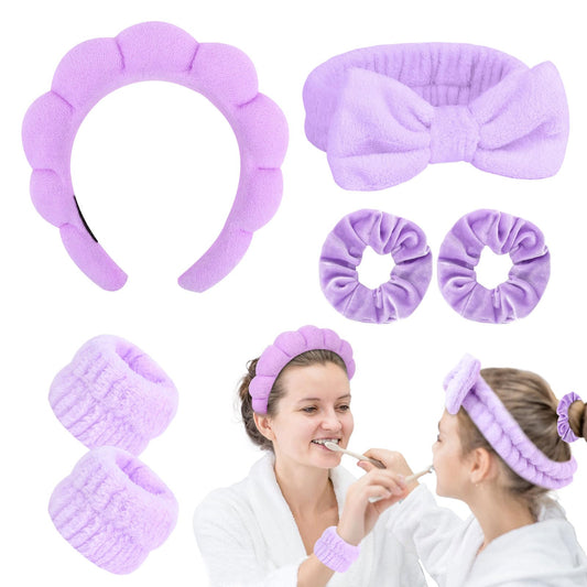 GAFATORY 6Pcs Purple Sponge Spa Headbands for Women Wristbands Hair Scrunchies Set Makeup Headband for Facewash Skincare Soft Mother Gift with Daughter Gift Set with Girl Friend