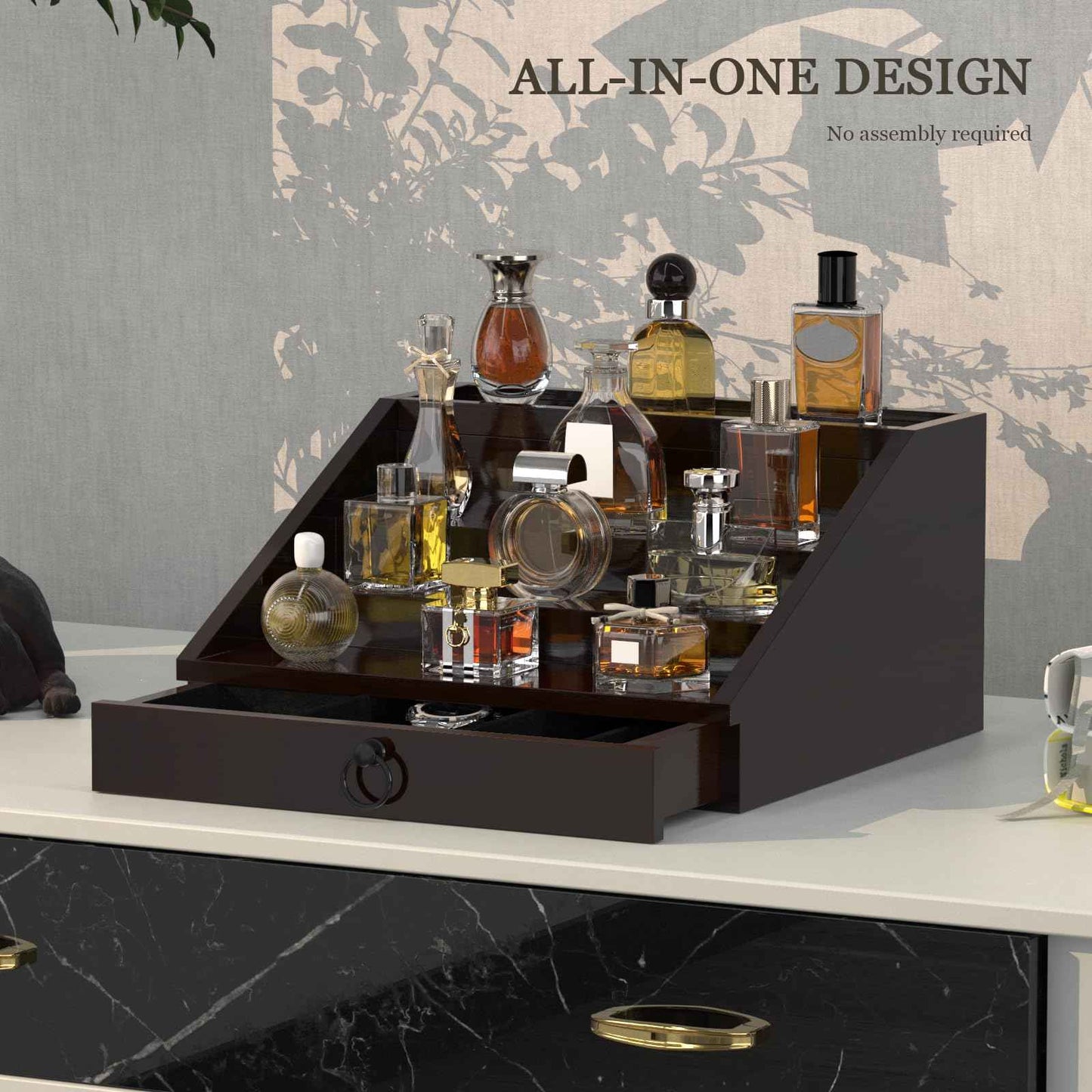 upcessory Wooden Cologne Organizer for Men Enhanced 4 Tier Cologne Stand Shelf Perfume Organizer with Velvet Lined Drawer & Hidden Storage Perfume Display Holder for Dresser Nice Gift (Stylish Brown)