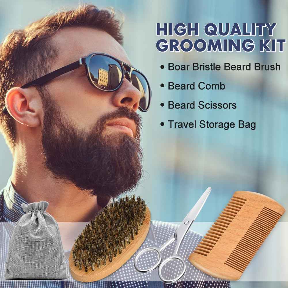 Beard Care Kit for Men-Nourish Soften Grooming Patchy Beard W/Vitamin Spray,Mustache Oil,Balm, Wash,Boar Bristle Brush,Wooden Comb,Scissors,Valentines Fathers Gifts for Men Dad Him Husband Boyfriend