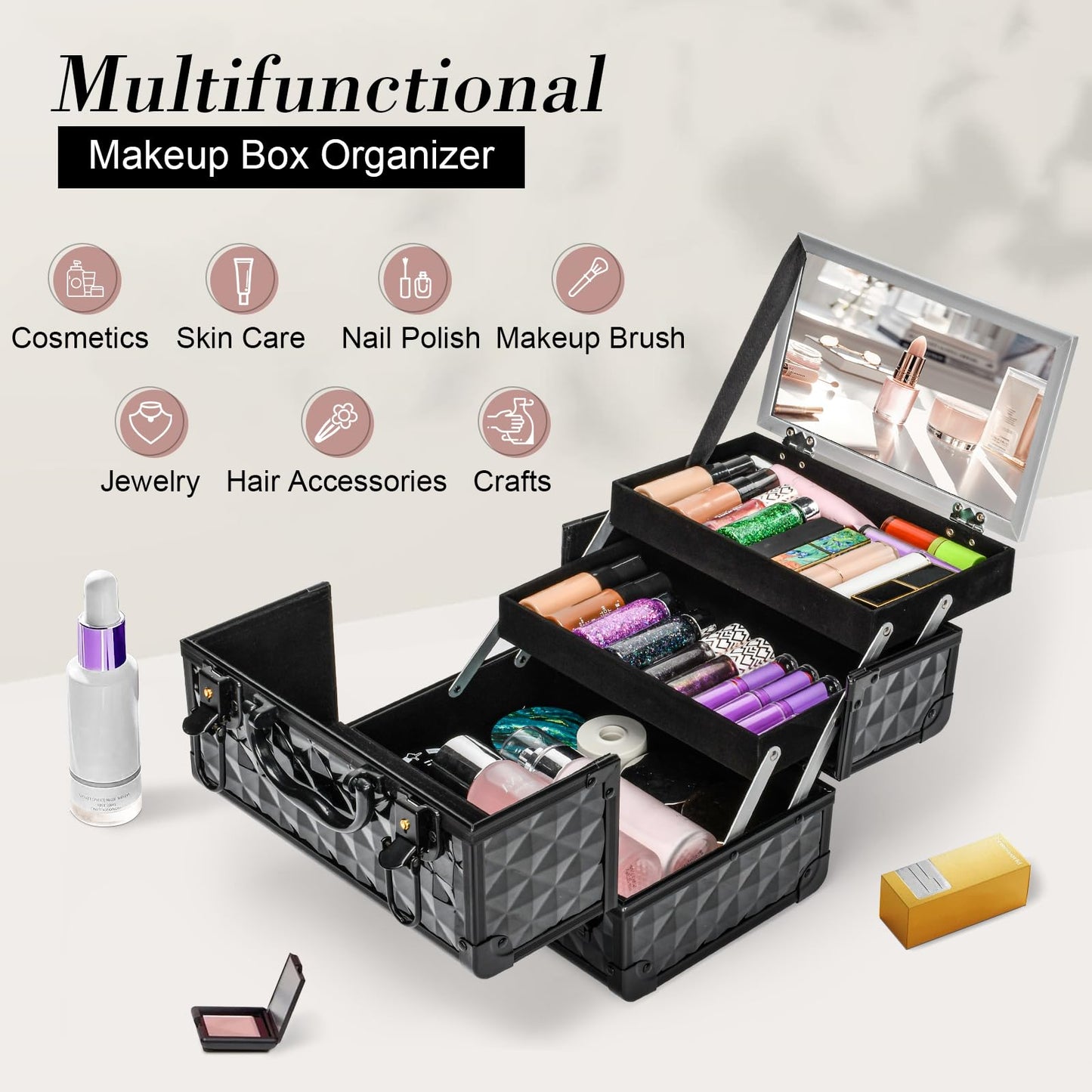 VETALLO Travel Makeup Box, Lockable Makeup Box Organizer I Make Up Box I Makeup Case Organizer I Makeup Box with Mirror I Large Makeup Organizer I Gifts for Her Women Bestie I Black