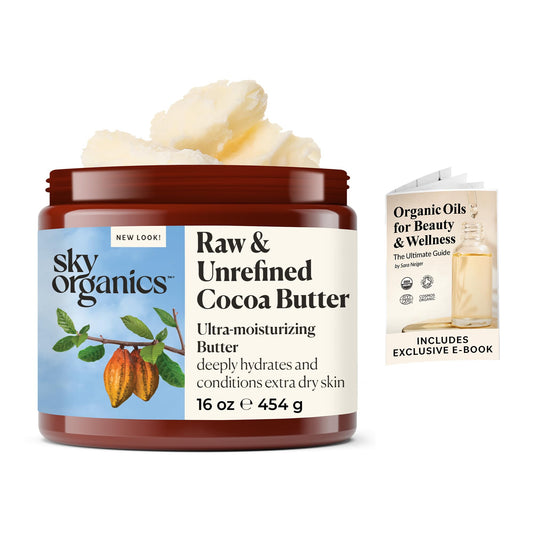 Sky Organics Cocoa Butter for Body, 100% Raw & Unrefined Ultra-Moisturizing Butter to Deeply Hydrate & Condition Skin, Promotes Smooth Skin Tone & Texture, Suitable for Tight or Extra Dry Skin, 16 Oz.