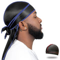 ForceWave Silky Durag for Men Wave Cap Satin Dorag for Men Women 360 Wave (Black with Blue Seam)