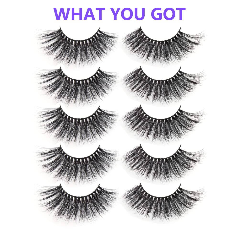 Kisslily 5 Pairs 25mm 3D Long Mink Lashes Pack Fluffy Mink Eyelashes Handmade Dramatic Thick Lash (6D-08)