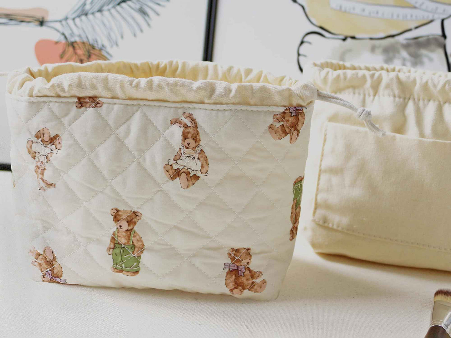 HAPPYHEIDI Quilted Cotton Drawstring Makeup Bag Set 2 Size w Compartment Cosmetic Toiletry Travel Pouch,Purse Organizer,Brown Teddy Bears