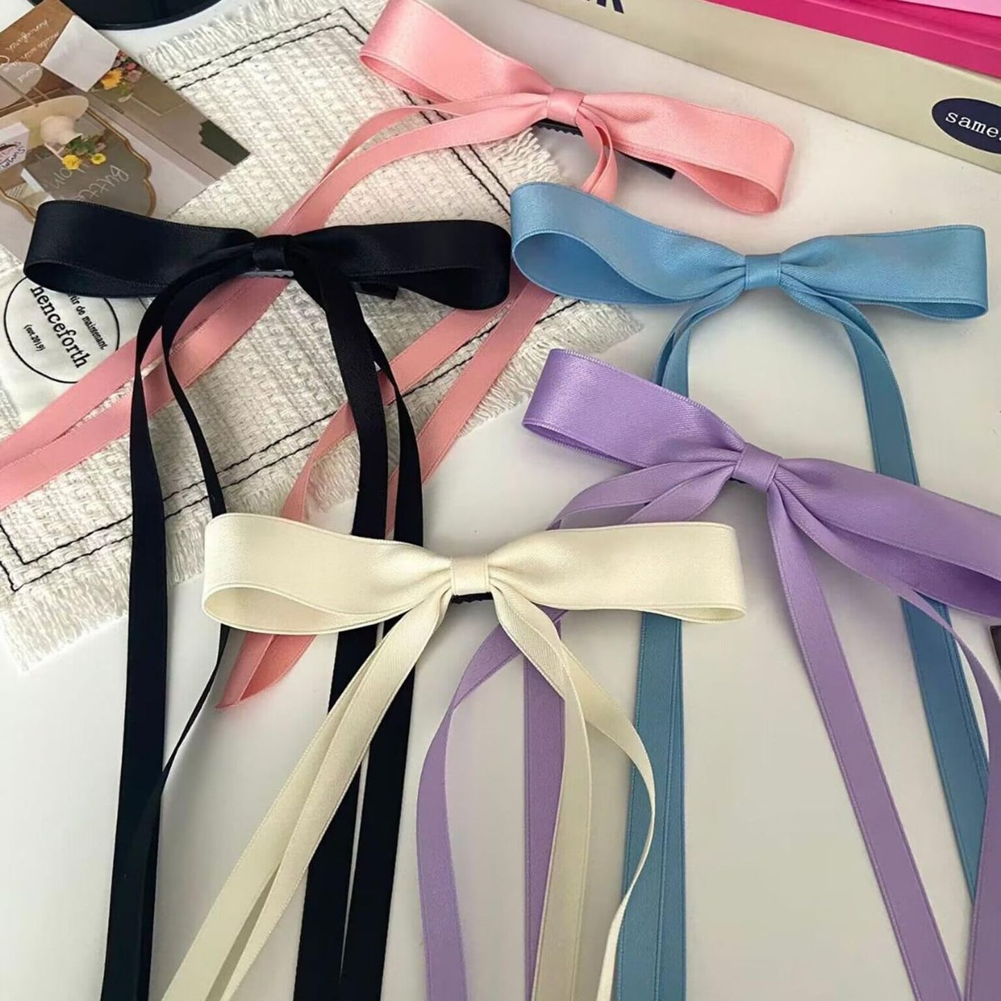 NATASIS Long Bow Clips for Women,Tassel Ribbon Bowknot Barrettes Hair Clips With Long Tail,4pcs Cute Girl Hair Accessories