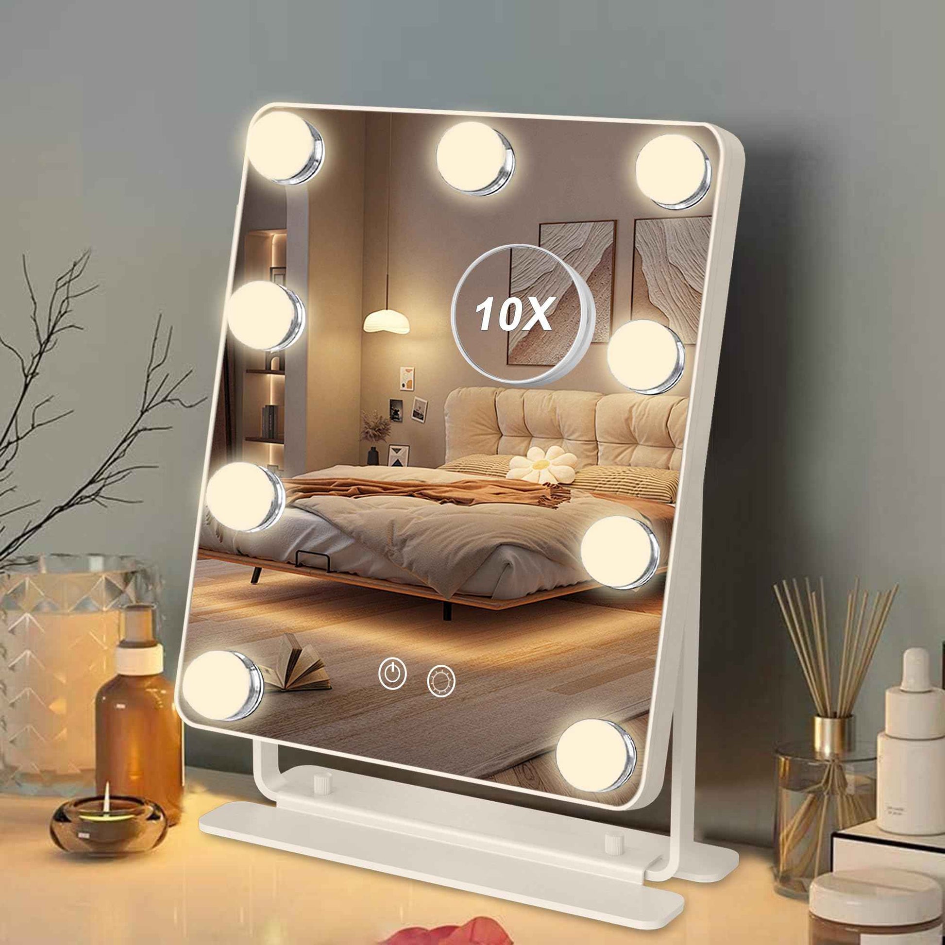 TUSHENGTU Hollywood Vanity Mirror with Lights 9" x 11", Lighted Makeup Mirror with 10X Magnification & 9 LED Bulbs Dimmable, 3 Colors Modes, Touch Control, Plug in Vanity Mirror with Lights, White