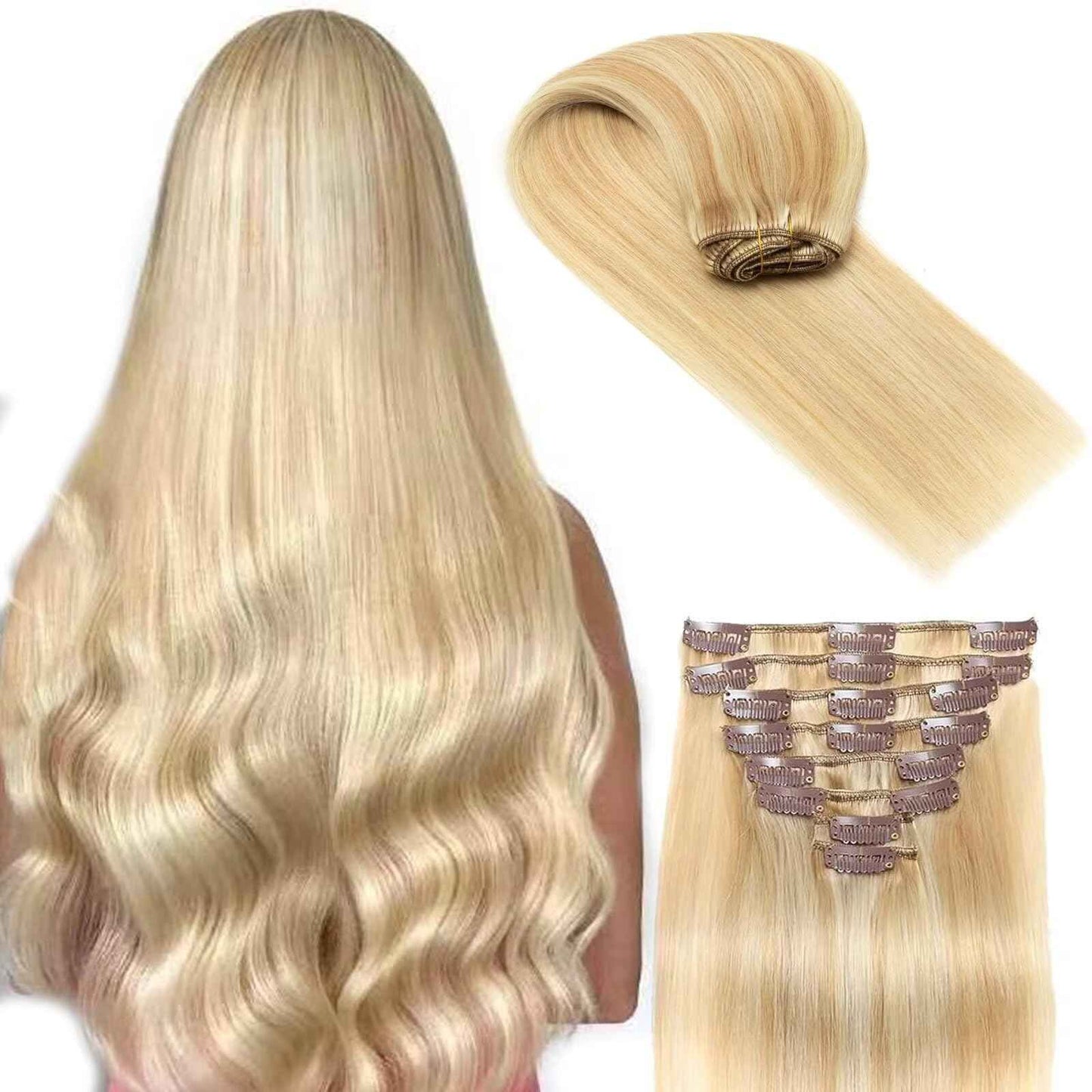 Human Hair Clip in Extensions Ash Blonde and Highlighted Bleach Blonde Clip in Hair Extensions Real Human Hair 14inch/90g Straight Clip ins 100% Real Human Hair Extension for Women 8pcs
