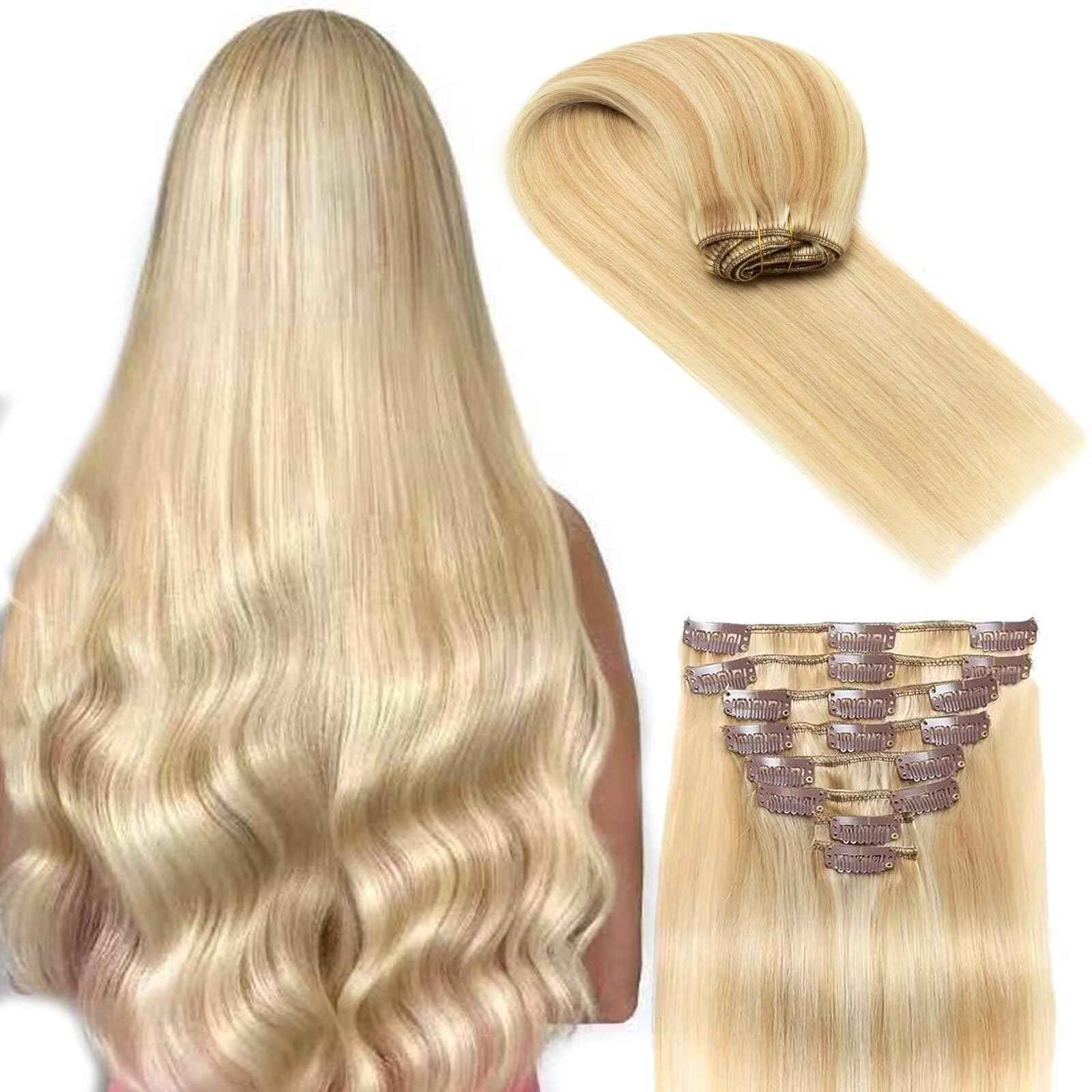 Human Hair Clip in Extensions Ash Blonde and Highlighted Bleach Blonde Clip in Hair Extensions Real Human Hair 14inch/90g Straight Clip ins 100% Real Human Hair Extension for Women 8pcs