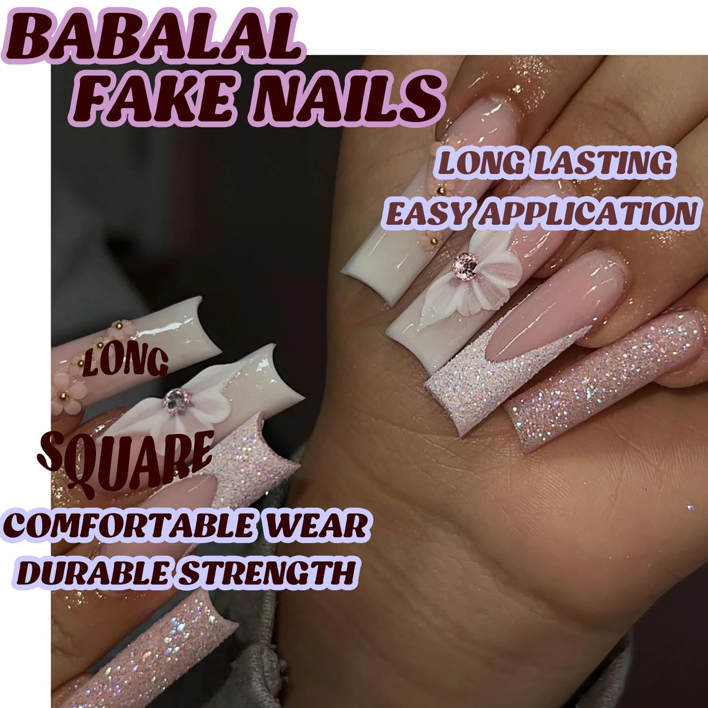 BABALAL French Tip Press on Nails Long Square Fake Nails Pink Glue on Nails Aurora Acrylic Nails 24Pcs 3d Flower Charm Design Squoval Artificial Bling False Nails for Women and Girls