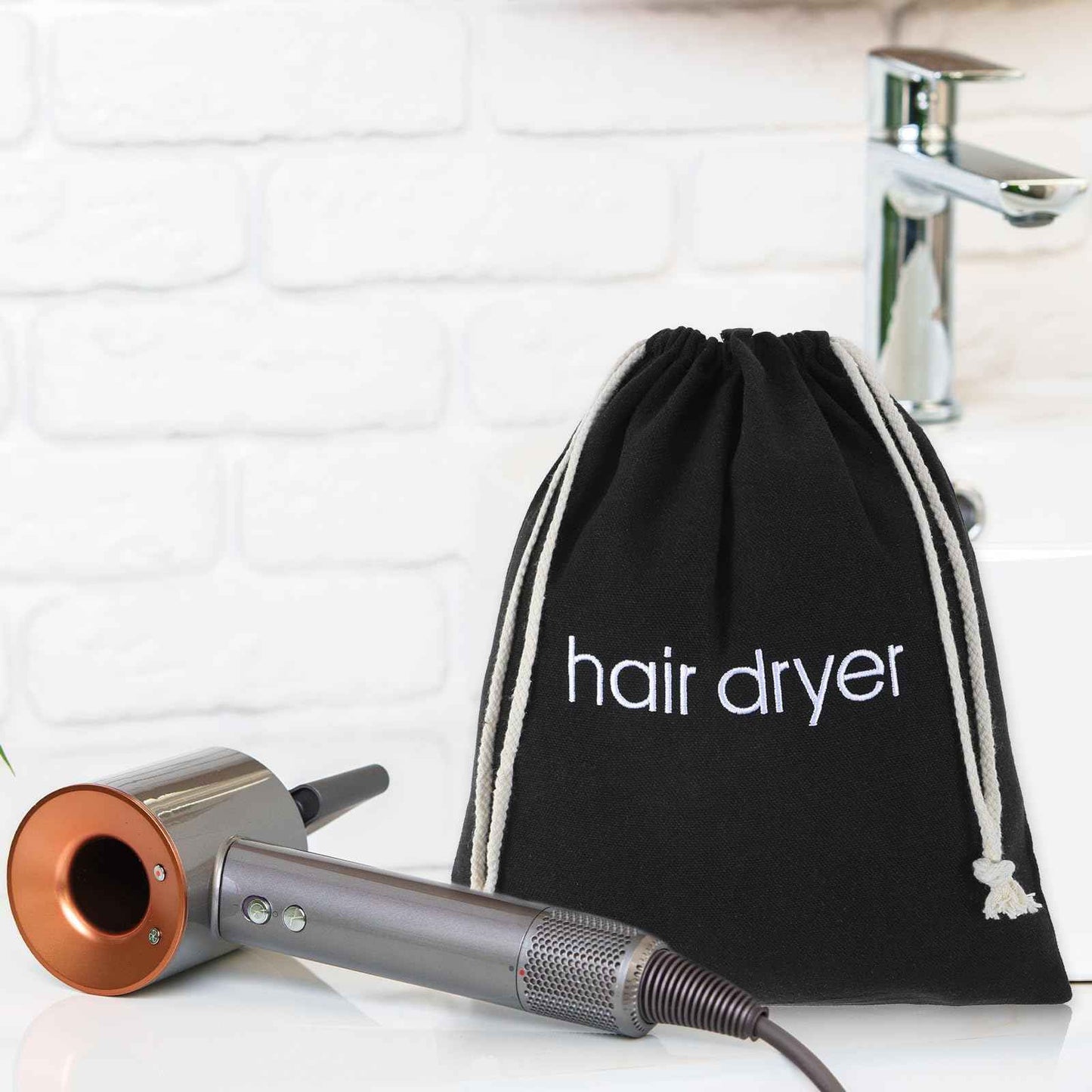 Tyqour Hair Dryer Bag Black Drawstring Hair Dryer Organizer for Travel & Bathroom, 14.96 x 11.81 Inch