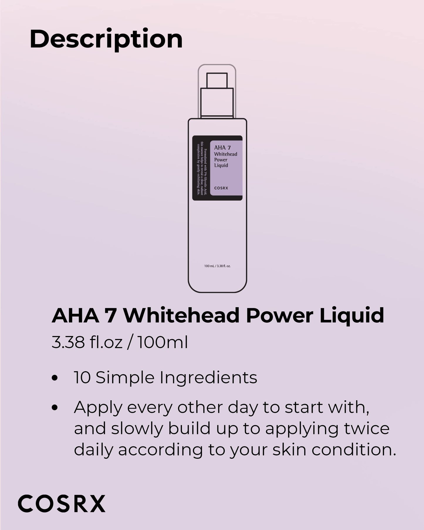 COSRX AHA 7 Whitehead Power Liquid, 3.38 fl.oz / 100ml, Whitehead Remover, Glycolic Acid 7%, AHA Exfoliant, Pore Minimizer, Korean Skin Care, Animal Testing Free, Paraben Free