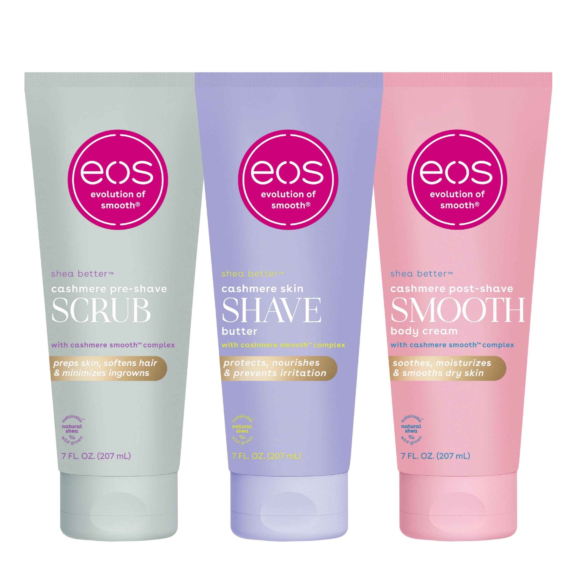 eos Vanilla Cashmere Skin Collection 3-Step Bundle - Pre-Shave Scrub, Butter, Post-Shave Body Cream