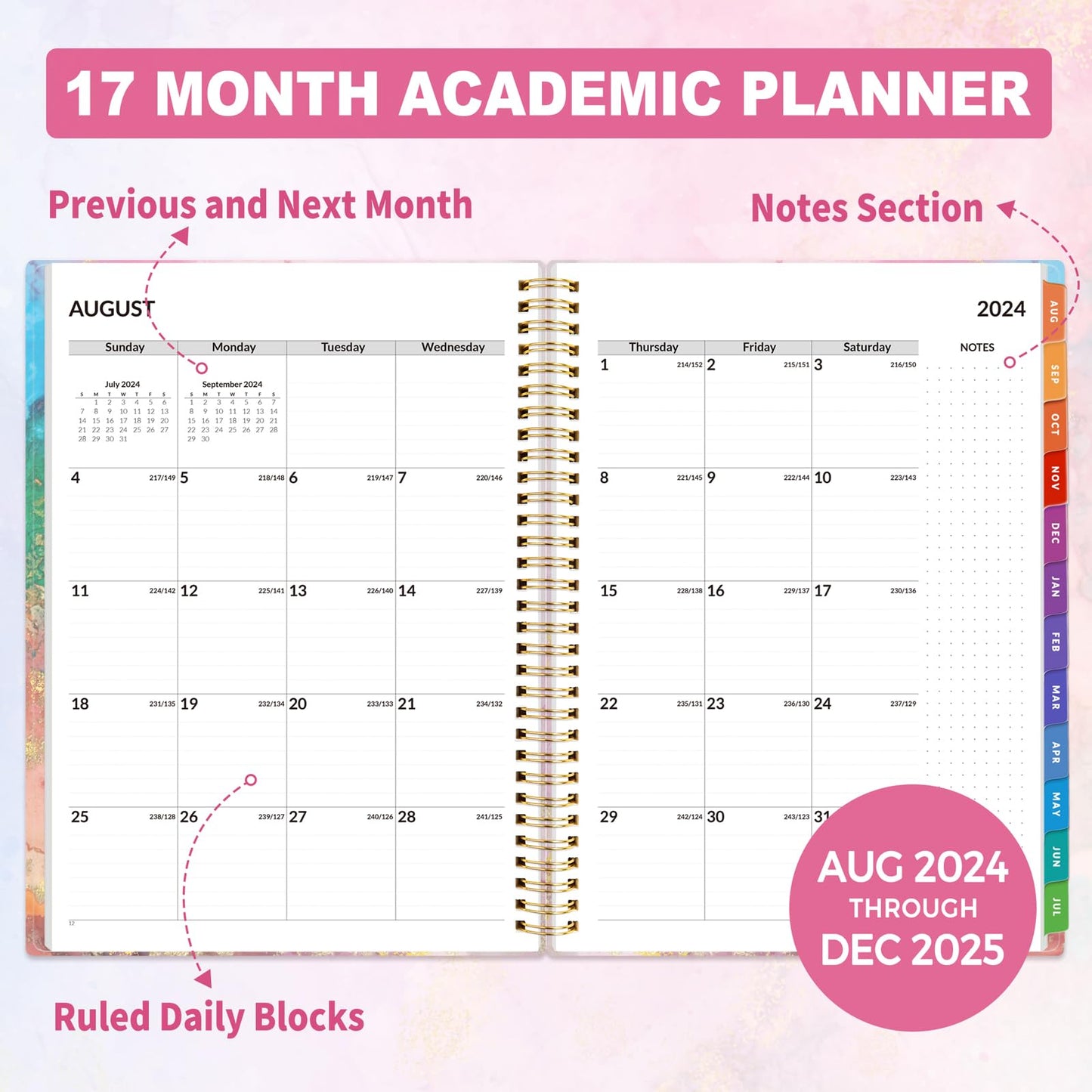 SUNEE Academic Planner 2024-2025 Weekly and Monthly - from August 2024 - December 2025, 8.5"x11" School Year Calendar Daily Planner with Monthly Tab, Flexible Cover, Note Pages, Pockets, Bookmark,