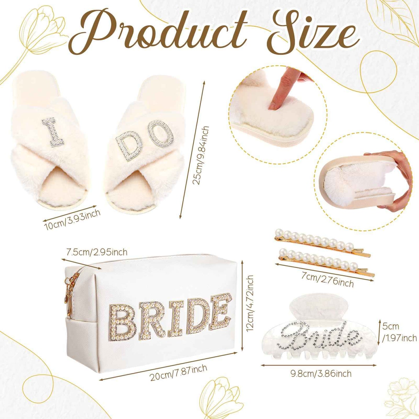 Shyyween 5 Pcs Bridal Gift Set Bride Makeup Bag I Do Bride Slippers Claw Hair Clip and Hairpins Accessories Wedding Engagement Gift Shower for Bridal Engagement Bachelorette Party