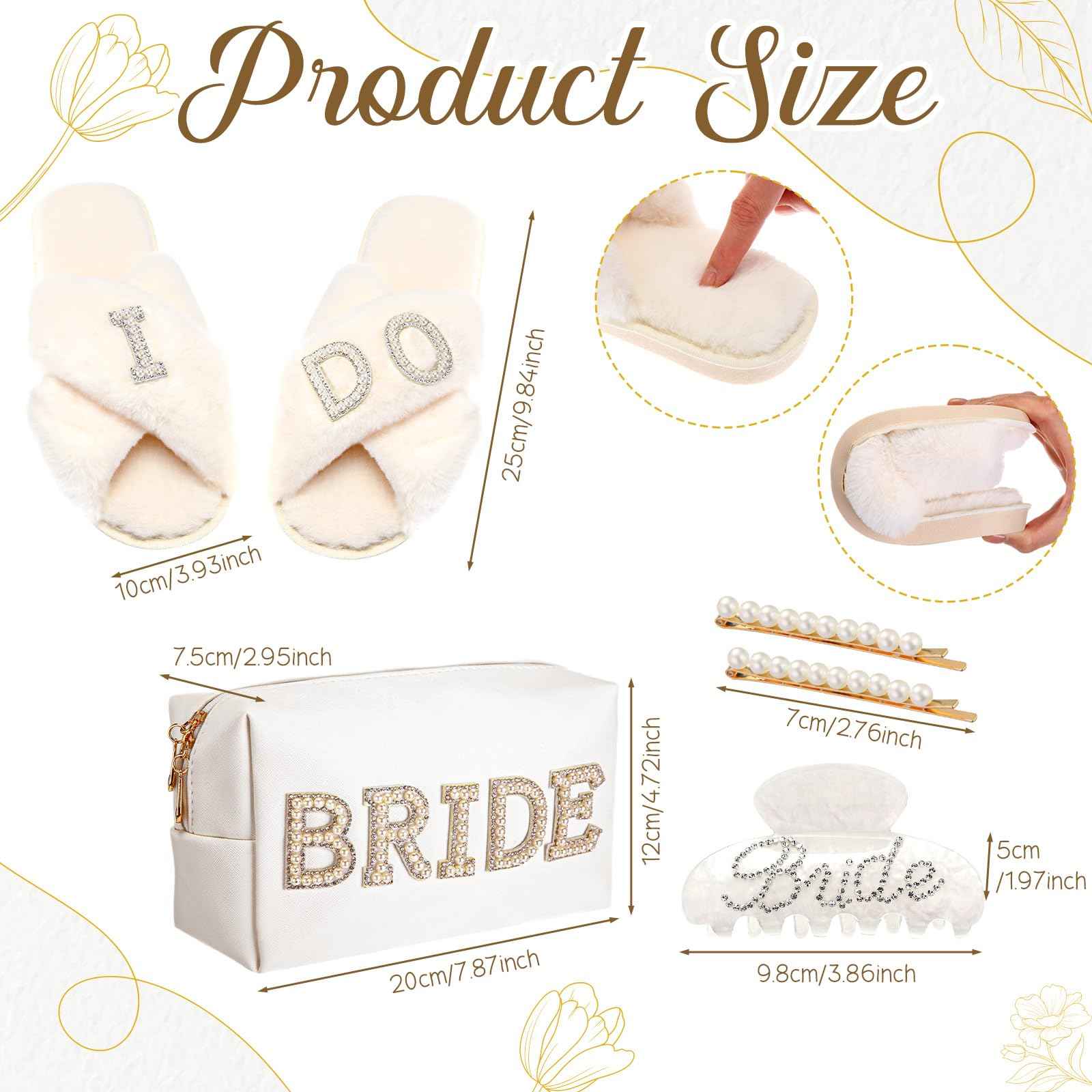 Shyyween 5 Pcs Bridal Gift Set Bride Makeup Bag I Do Bride Slippers Claw Hair Clip and Hairpins Accessories Wedding Engagement Gift Shower for Bridal Engagement Bachelorette Party