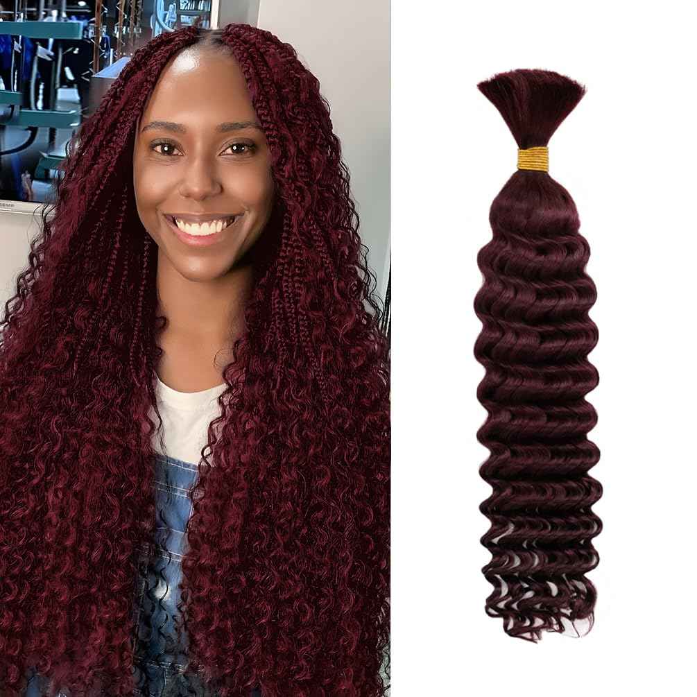 Human Braiding Hair for Boho Knotless Braids 1 Bundle 18 Inches 50g Deep Wave Bulk Human Hair for Braiding Hair Wet and Wavy 10A Brazilian Virgin Human Bohemian Hair for Braiding 99J