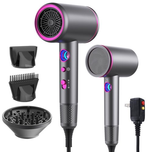 Dxliwky Professional Hair Dryer,1875 Watt High-Speed Ionic Blow Dryer with Diffuser/Concentrator/Comb Nozzle,LED Temp Display,Intelligent Temp Control,Low Noise for Home Salon Travel (Silvery)