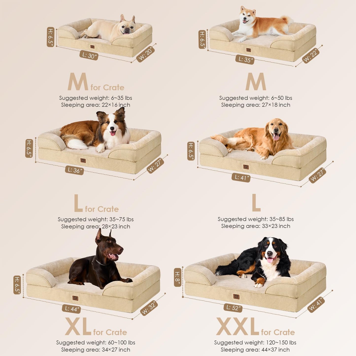 EHEYCIGA Orthopedic Dog Bed for Medium Dogs, Waterproof Memory Foam Medium Dog Beds with Sides, Non-Slip Bottom and Egg-Crate Foam Medium Dog Couch Bed with Washable Removable Cover, Greige