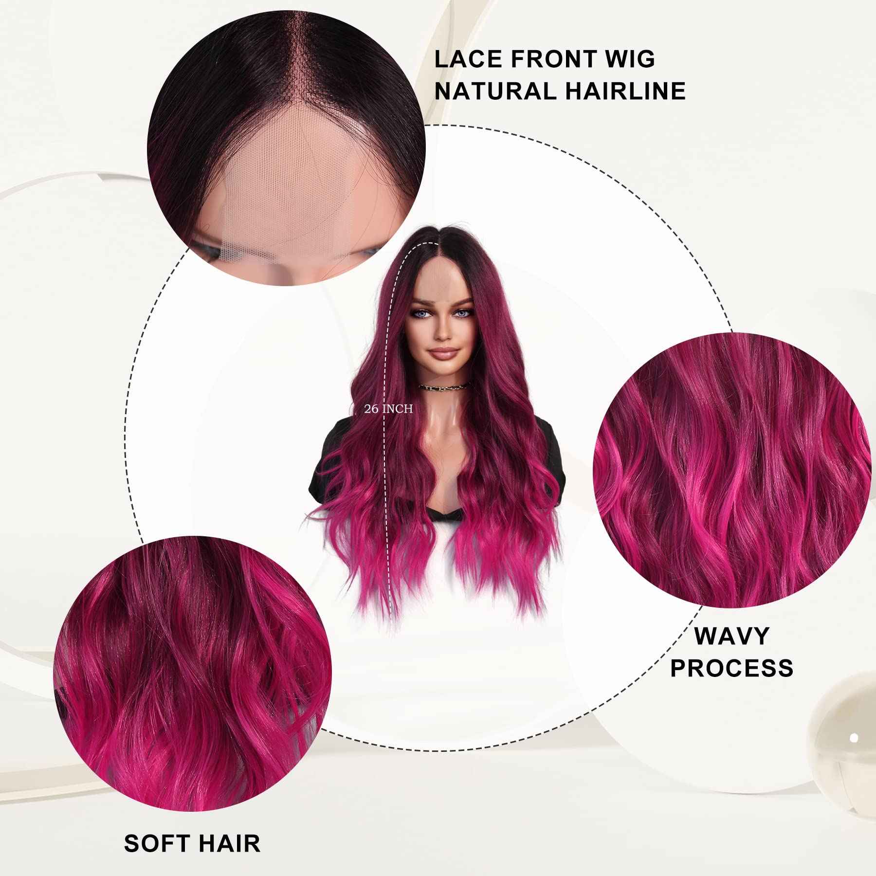 7JHH WIGS Hot Pink Long Wig with Dark Root Middle Part Lace Front Wavy Burgundy Ombre Pink Wig Body Wave Synthetic Wig for Women Transparent Lace Wig Hair 180% Density Daily Wear Wig 27 inch