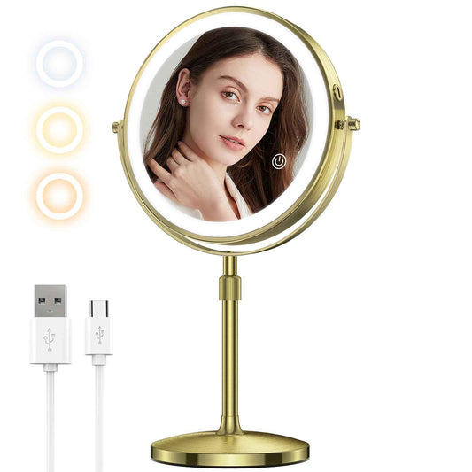 MILPROX 8 Inch Makeup Mirror with 10X Magnification & 3 Color Lights, Adjustable Brightness & Height, Rechargeable Double Sided 1X 10X Magnifying Mirror, Lighted Makeup Mirror Touch Sensor - Gold