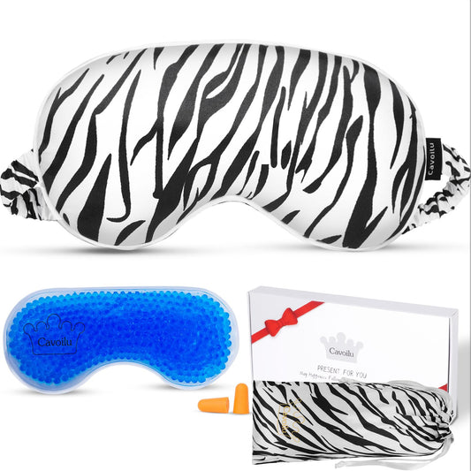 Cavoilu Sleep mask w/Cooling Gel Eye Mask, Heated Eye Mask for Sleeping, Reusable Ice Silk Stain Eye Cover Sleeping Mask for Travel, Home, Office, Yoga, Total Blackout, Stocking Stuffer (Zebra)