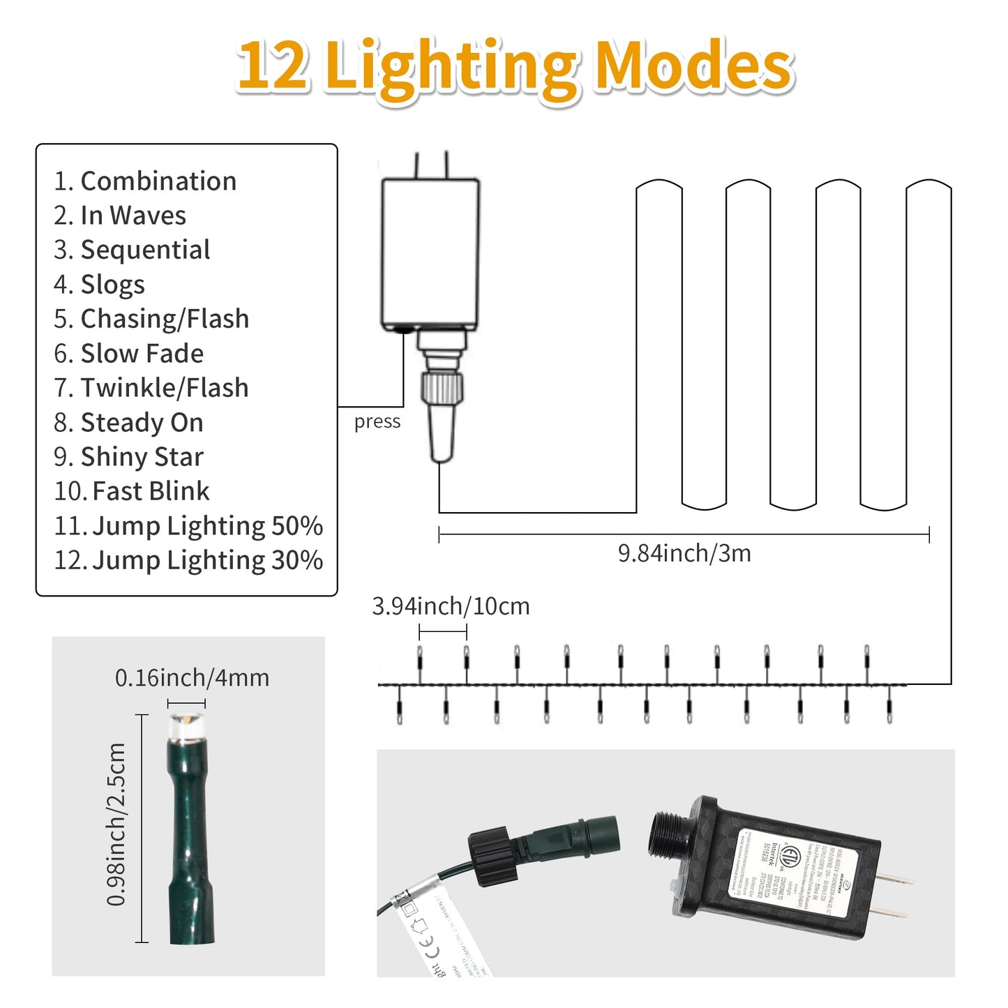 RPGT Christmas Light 500 LEDs 172ft Green Cable Wire Fairy String Outdoor Twinkle Lights Plug in 12 Modes for Xmas Party, Garden, Wedding, Home Decoration (Warm White)