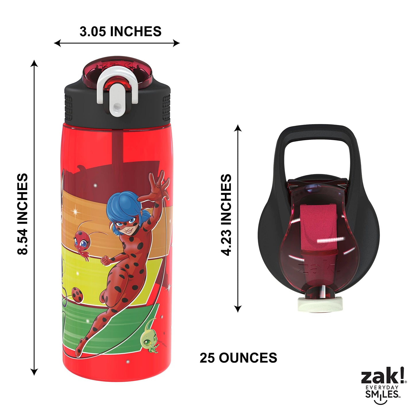 Zak Designs Miraculous Ladybug Water Bottle For School or Travel, 25 oz Durable Plastic Water Bottle With Straw, Handle, and Leak-Proof, Pop-Up Spout Cover